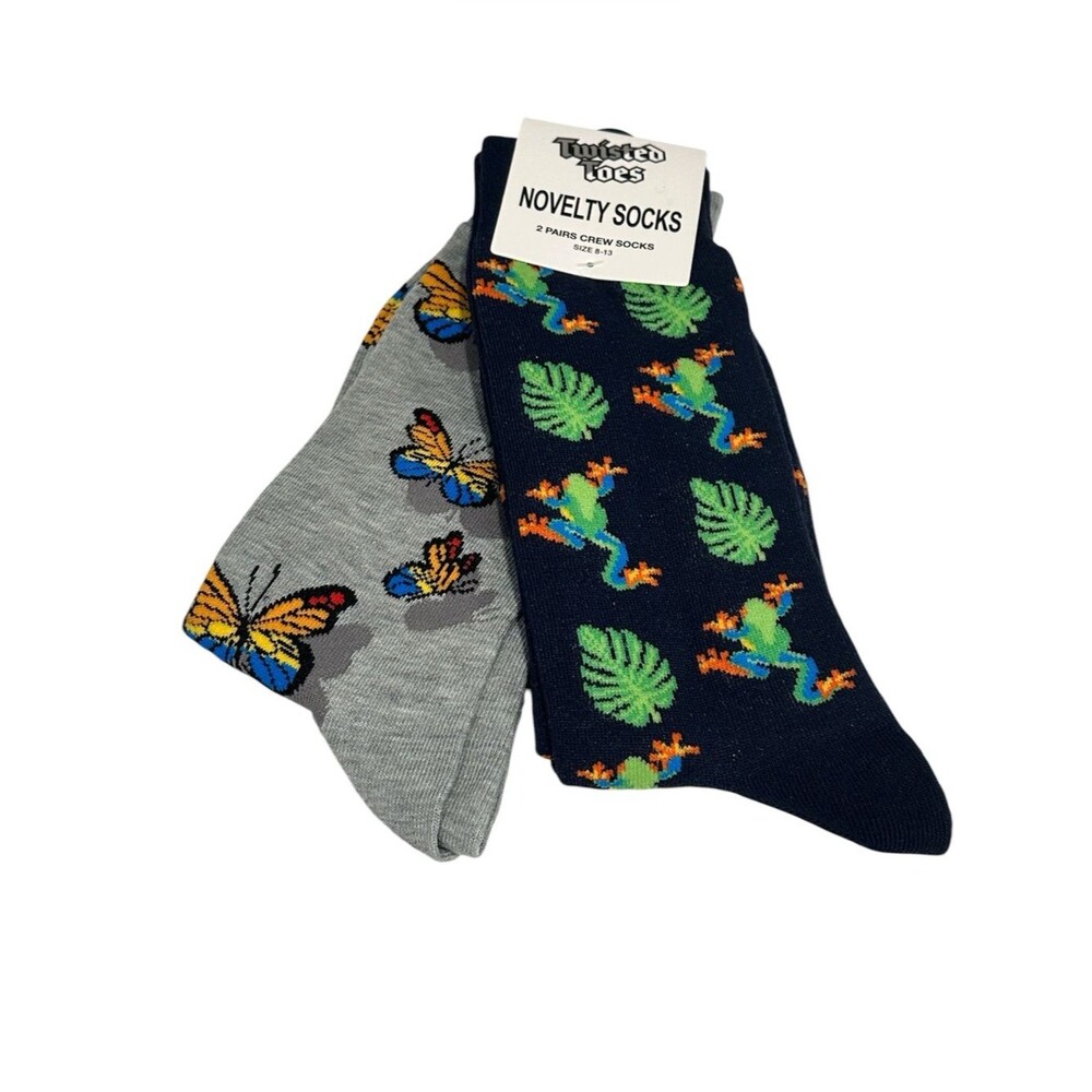 Twisted Toes Crew Socks Mens 8-13 NEW 2 Pair Gecko’s Butterflies